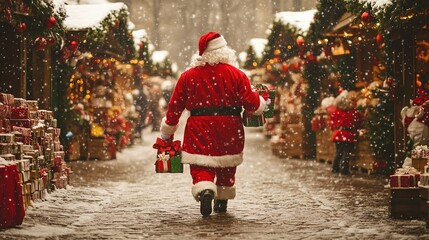 Santa Claus walking in snow with gifts at Christmas market