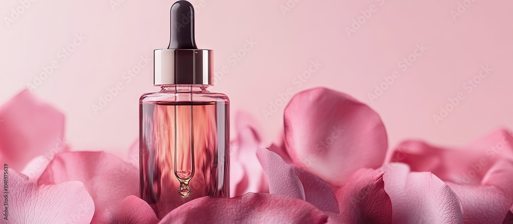 Aufkleber mockup glass bottle with serum dropper set against a backdrop of pink rose petals. with copy space i