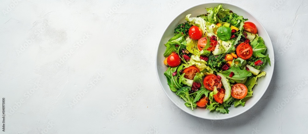 Poster tasty vegetable salad on a light grey table top view room for text. with copy space image. place for