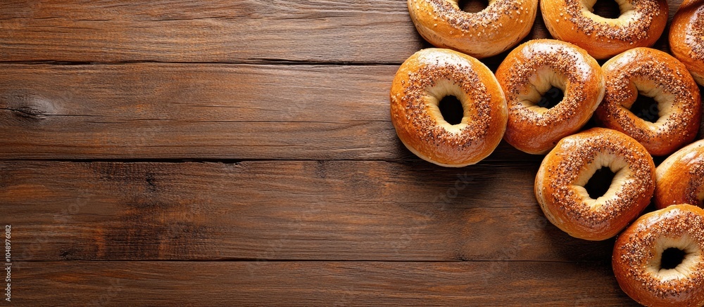 Poster numerous tasty fresh bagels on a wooden table with room for text. with copy space image. place for a