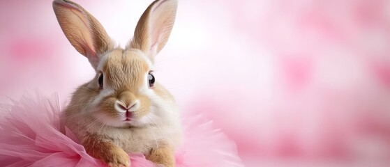 Obraz premium A tight shot of a rabbit wearing a tutu with its pink skirt framing its neck against a backdrop of a pink background