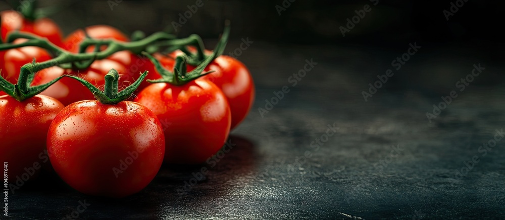 Poster tomato food backdrop on a dark table in close up. with copy space image. place for adding text or de