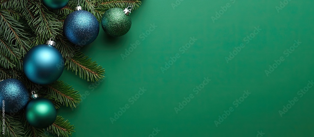 Poster christmas mock up blank greeting card fir tree branches and blue and green ornaments on a green pape