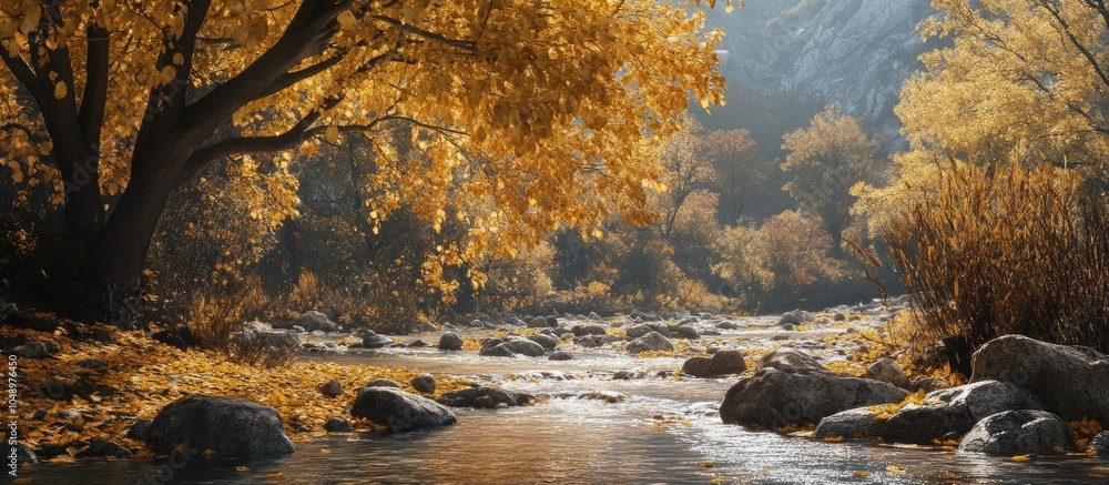 Aufkleber Autumn leaves in yellow trees and a mountain stream. with copy space image. Place for adding text or design