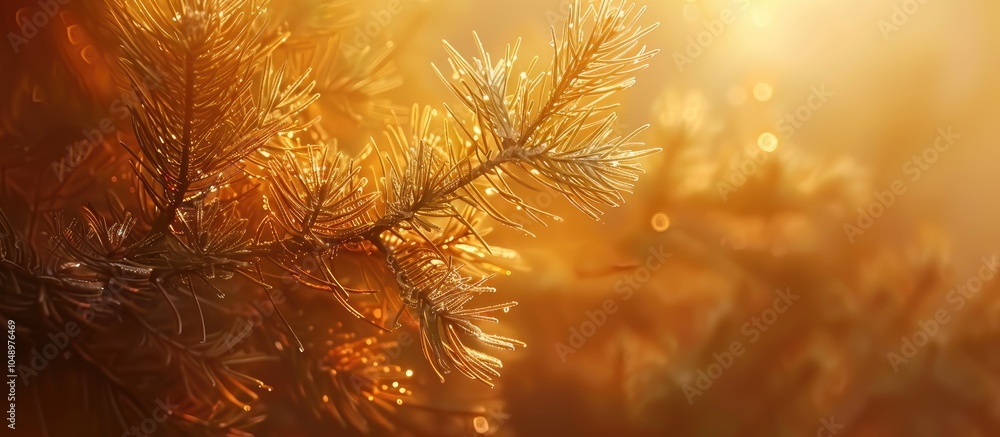 Fototapete yellow and orange needle leaves on a pine branch with backlighting. with copy space image. place for