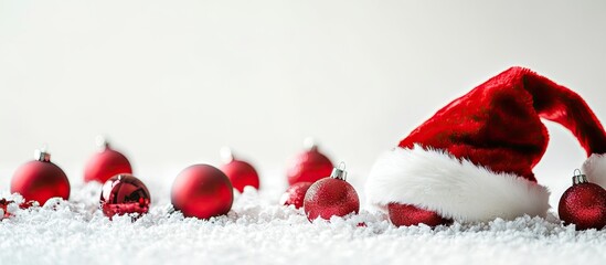 Red fluffy velvet Christmas Santa Claus hat featuring a white tip and rim along with bright red frosted Christmas balls set against an isolated white background This composition is perfect for holi
