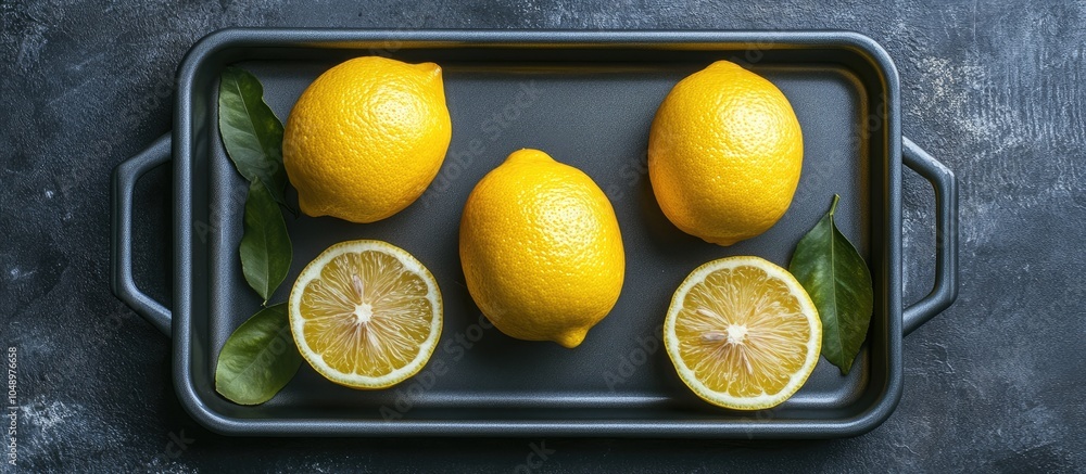 Leinwandbilder fresh ripe whole and half juicy citrus lemons on a distressed oven or baking tray flat lay compositi