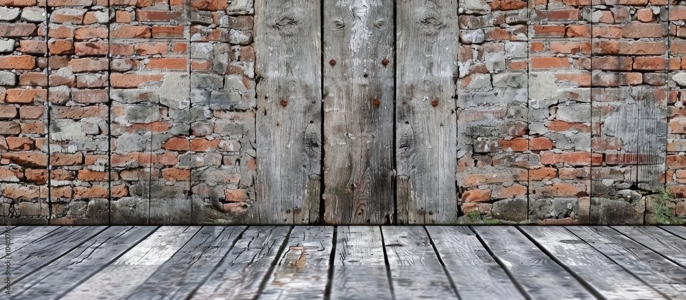 Aufkleber Weathered Wooden Boards and Brick Backdrop. with copy space image. Place for adding text or design