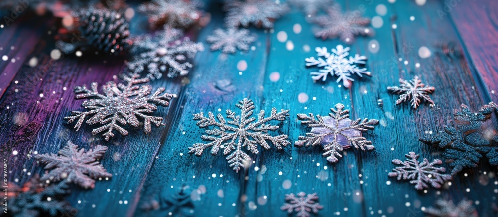 Poster Wooden background featuring silver snowflakes set against a blue and purple backdrop New Year Christmas background texture. with copy space image. Place for adding text or design