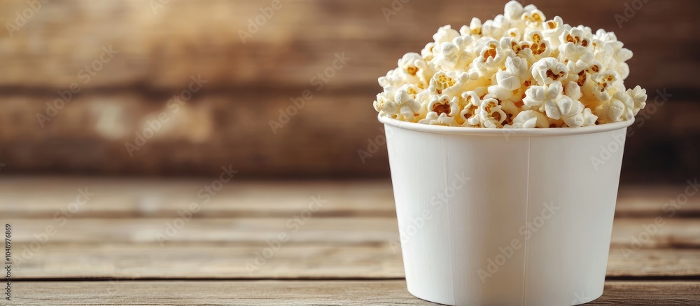 Aufkleber White bucket filled with popcorn on a wooden surface. with copy space image. Place for adding text or design