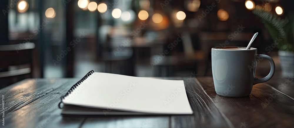 Poster Notebook with a coffee cup in the background. with copy space image. Place for adding text or design