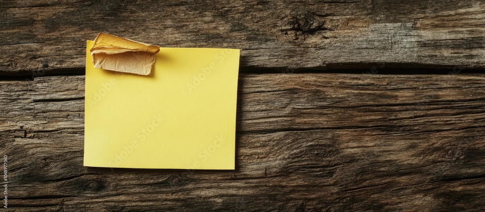 Poster Yellow paper attached to a wooden background for reminders or memos. with copy space image. Place for adding text or design