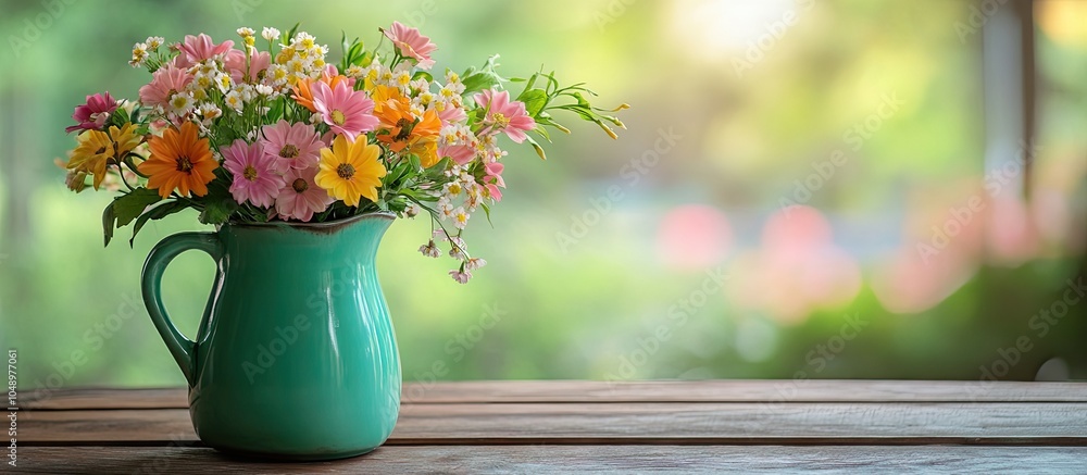Poster plastic flowers in a green jug ceramic tile are arranged on an old wooden table with blurred backgro