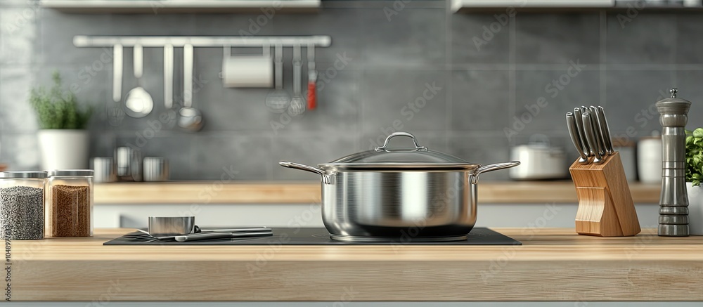 Poster clean cookware and utensils arranged on a table in the kitchen. with copy space image. place for add
