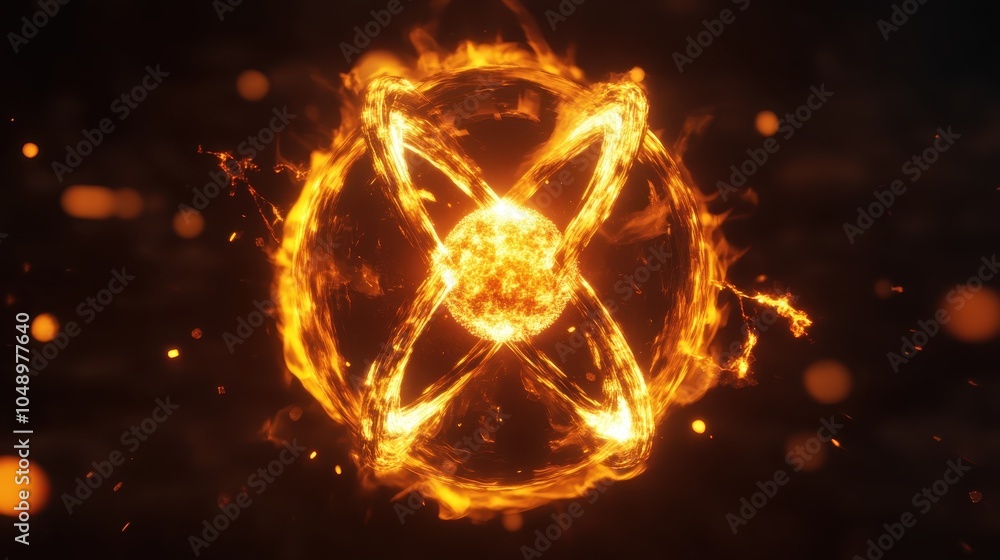 Poster fiery atom with swirling energy and particles, suggesting a powerful and dynamic concept related to 