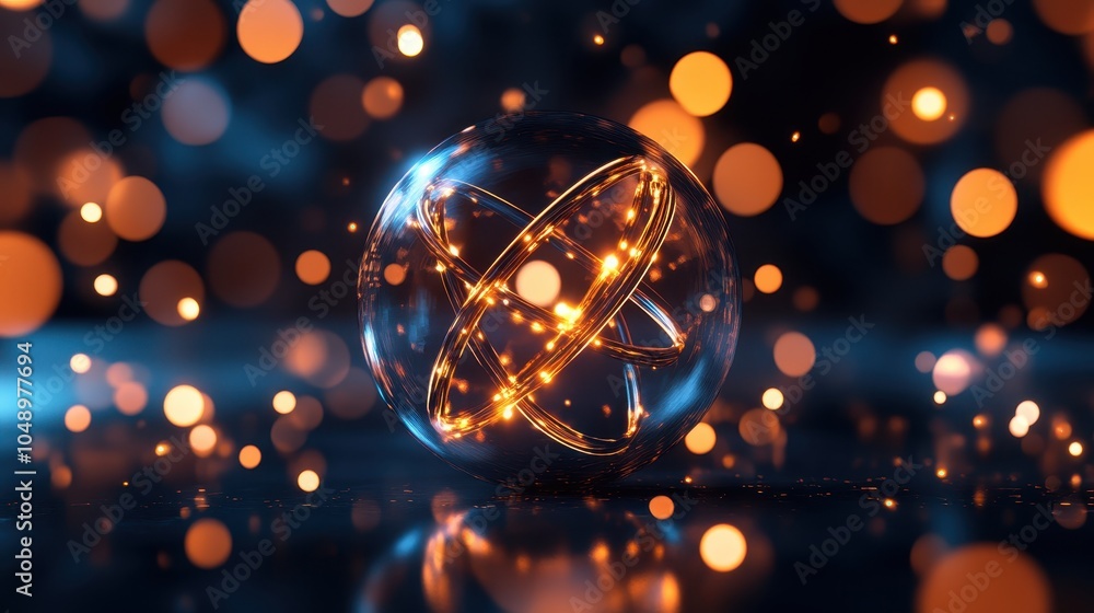 Poster glowing atom model with a bright nucleus and orbiting electrons, set against a dark background with 