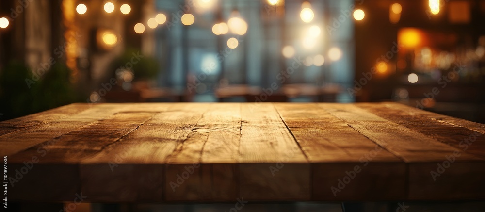 Fototapete Wooden table with a blurred background in a cafe or coffee shop featuring a bokeh effect suitable for displaying or showcasing your products. with copy space image. Place for adding text or design