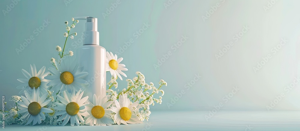 Aufkleber plastic bottle of serum or essence with chamomile flowers. with copy space image. place for adding t