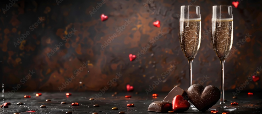 Aufkleber two champagne flutes and two chocolate heart shaped candies valentine s day theme. with copy space i