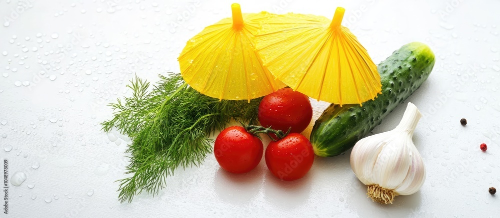 Poster yellow dill umbrellas two garlic bulbs three red cherry tomatoes and a green cucumber on a white bac