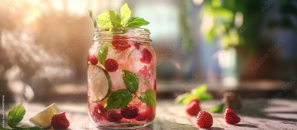 Aufkleber Mason jar filled with fresh raspberry mojito on a bright table. with copy space image. Place for adding text or design