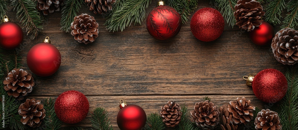 Leinwandbilder red christmas ornaments and pine cones on the wooden table top view. with copy space image. place fo