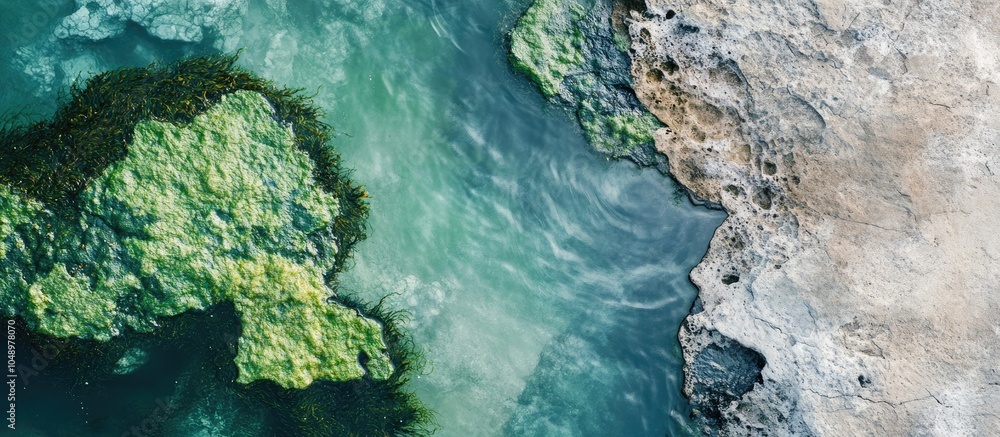Poster A top view of an ocean tide pool featuring rocks covered in algae. with copy space image. Place for adding text or design
