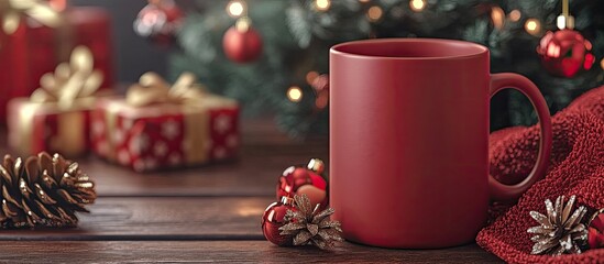 Blank red mug with a Christmas tree in the background a tea or coffee cup featuring Christmas and New Year decorations vertical mockup with a ceramic mug for hot beverages empty gift print template