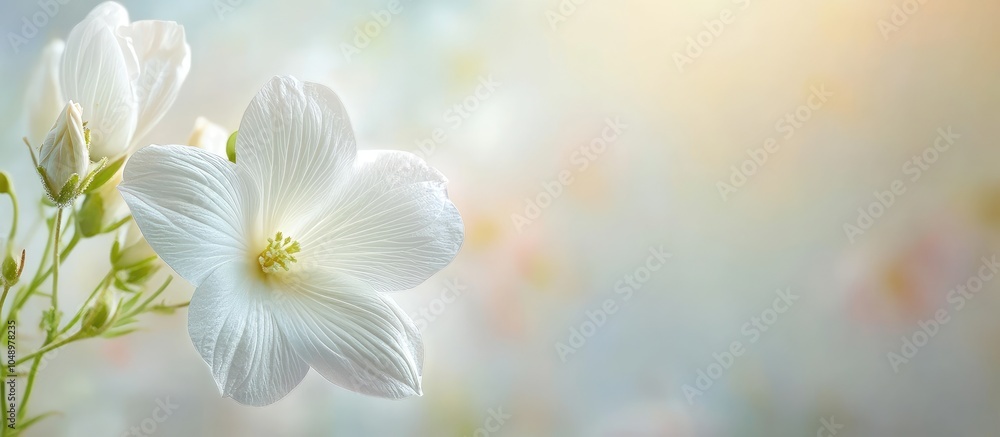 Poster white flower set against a blurred background. with copy space image. Place for adding text or design
