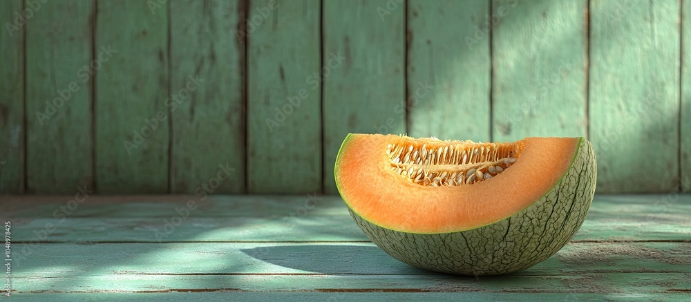 Aufkleber melon on a green wooden surface. with copy space image. place for adding text or design