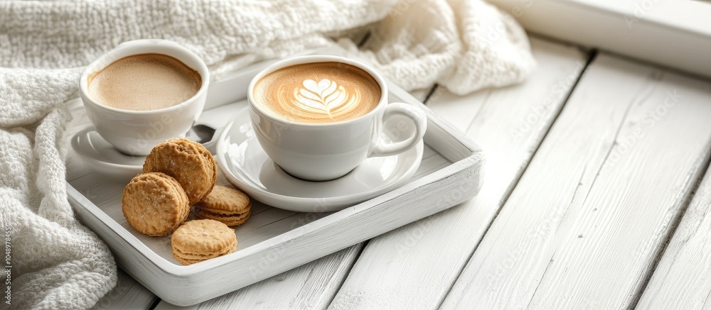 Poster continental breakfast a tray with coffee and biscuits on a white wooden table. with copy space image