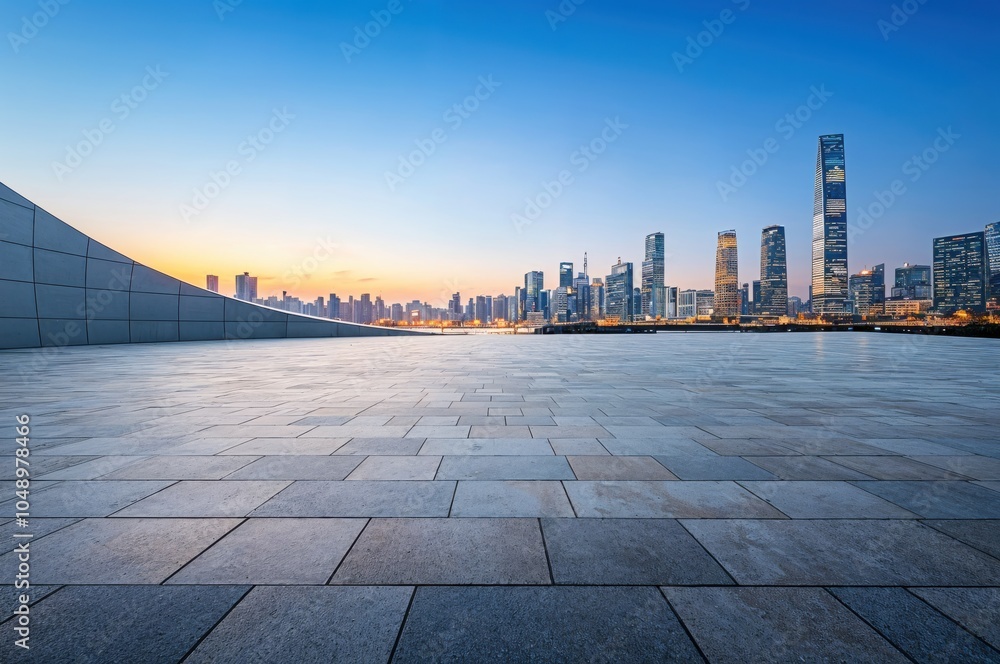 Poster empty square floor and modern city skyline at dusk with blue sky background