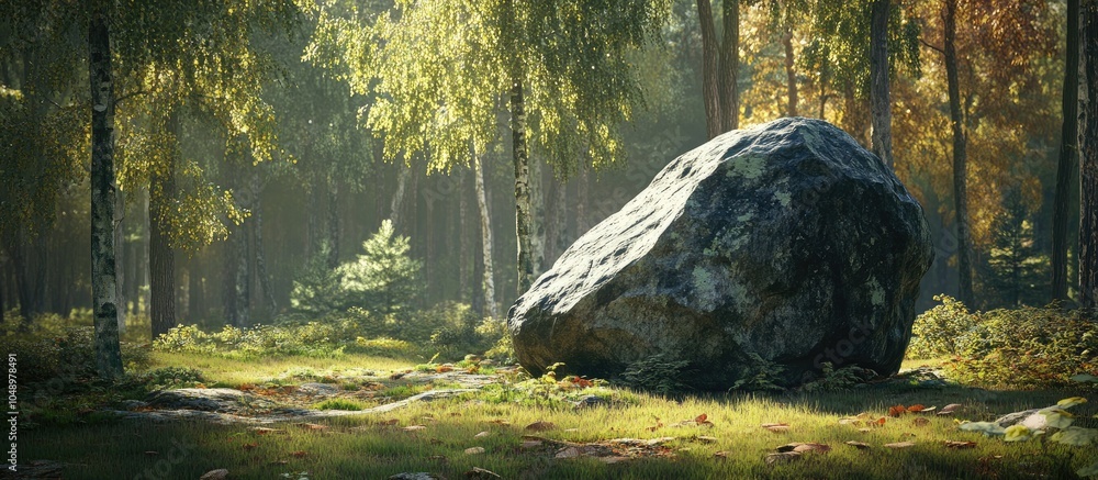 Poster a big rock in the woods. with copy space image. place for adding text or design