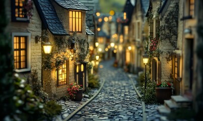 Fototapeta premium Cobblestone street lined with quaint stone houses.