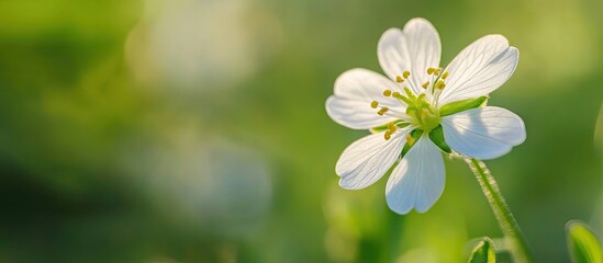 Fototapeta premium Close up of a tiny White Wildflower in Spring. with copy space image. Place for adding text or design