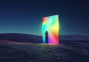 A person standing before a colorful portal in a surreal landscape under a starry night sky in a creative and imaginative scene