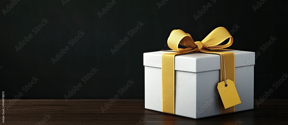 Poster White gift box with a yellow ribbon and tag on a wooden table with space and a black background. with copy space image. Place for adding text or design