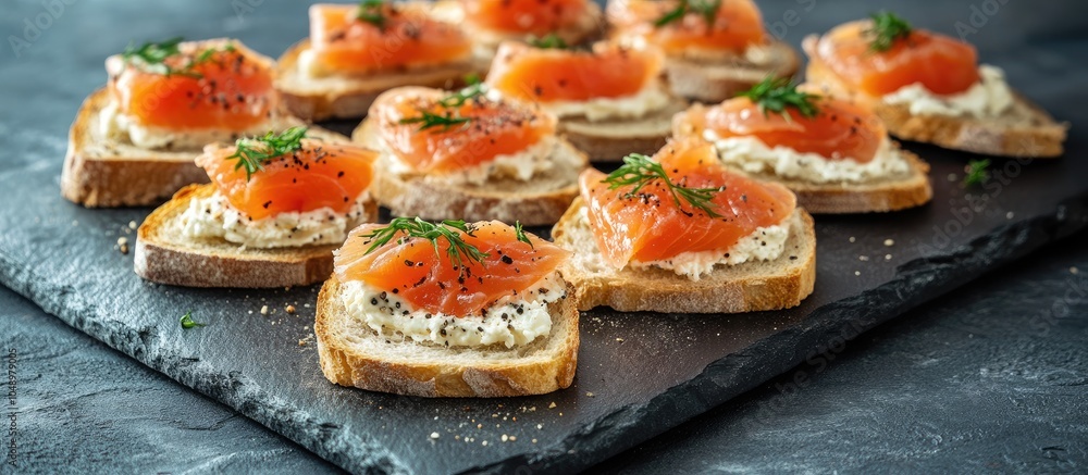 Aufkleber Baguette slices topped with soft cheese and salmon on a slate board vintage toned. with copy space image. Place for adding text or design