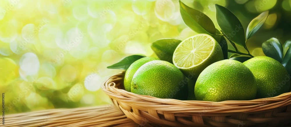 Leinwandbilder lime citrus fruits in a bamboo basket background fresh juicy limes nutritious food. with copy space 