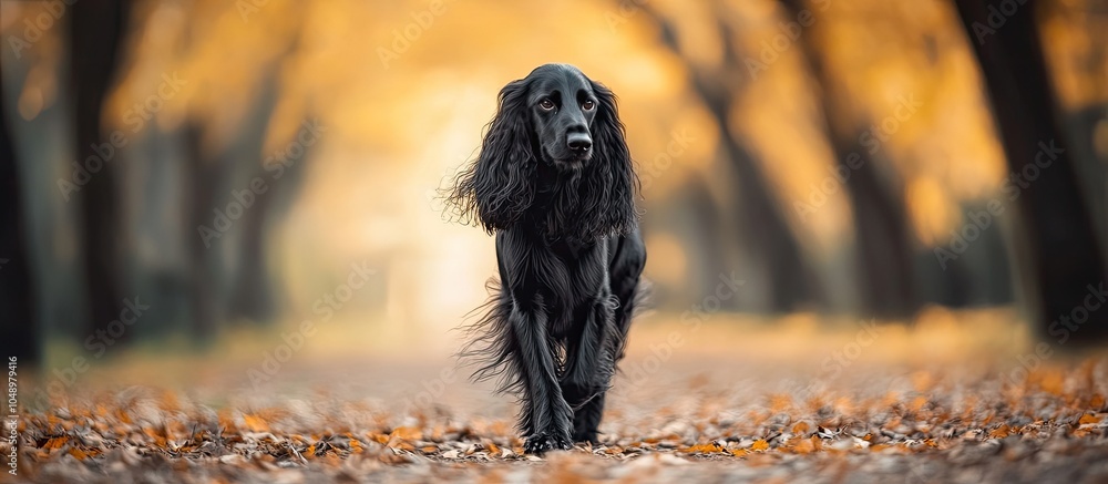 Poster black dog afghan hound breed animal out for a walk a very beautiful and adorable pet. with copy spac