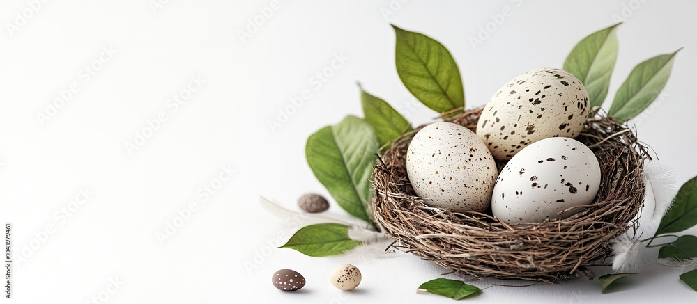 Aufkleber bird nest containing easter eggs on a white background quail easter eggs accompanied by spring green