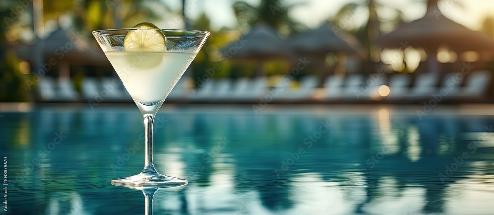 Poster dry martini cocktail in a glass by the pool at a tropical resort vertical. with copy space image. pl