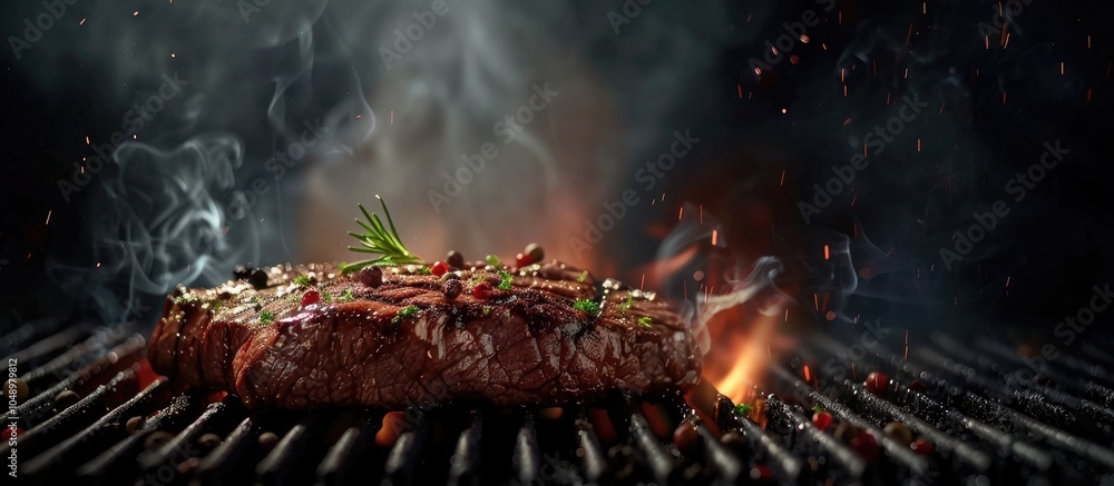Poster the grilled beef against the dark backdrop. with copy space image. place for adding text or design