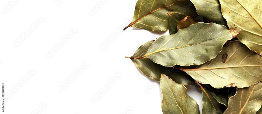 Poster close up view of a stack of bay leaves spilled spices on a white background. with copy space image. 