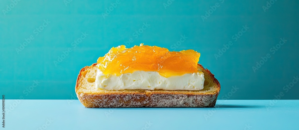 Fototapete close up of a single slice of homemade bread topped with cheese and quince marmalade cheese and quin