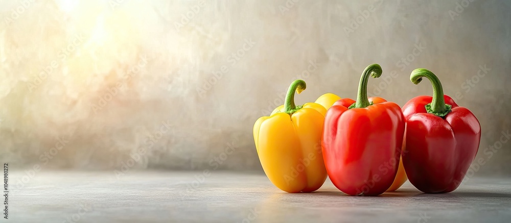 Fototapete Colorful paprika against a light backdrop photographed in a studio. with copy space image. Place for adding text or design