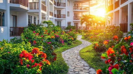 Vibrant Hotel Garden at Sunset