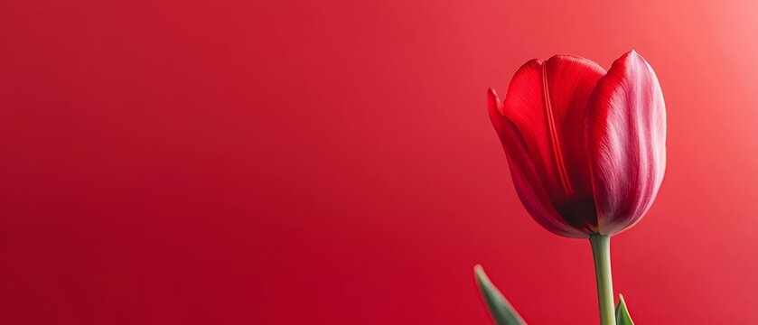  A solitary red tulip in a vese against a red backdrop, its green stem prominent in the foreground