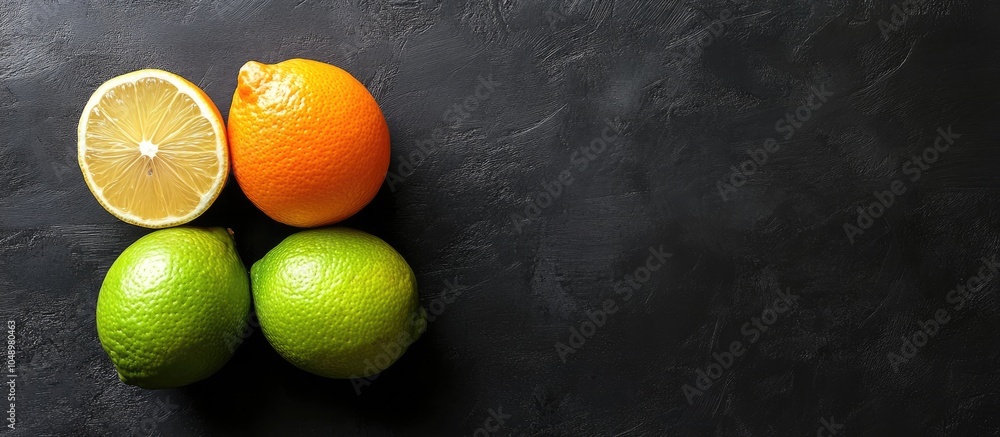 Leinwandbilder Lime orange and lemon on a black background Top view No Photoshop applied Copy space for text