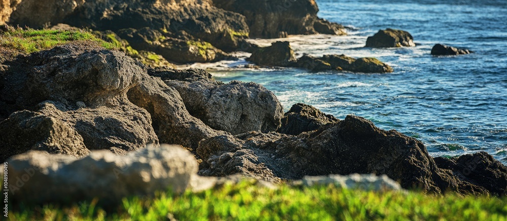 Poster rocks and grass along the shore on a sunny day coastal scenery scenic coastline dark rock formations